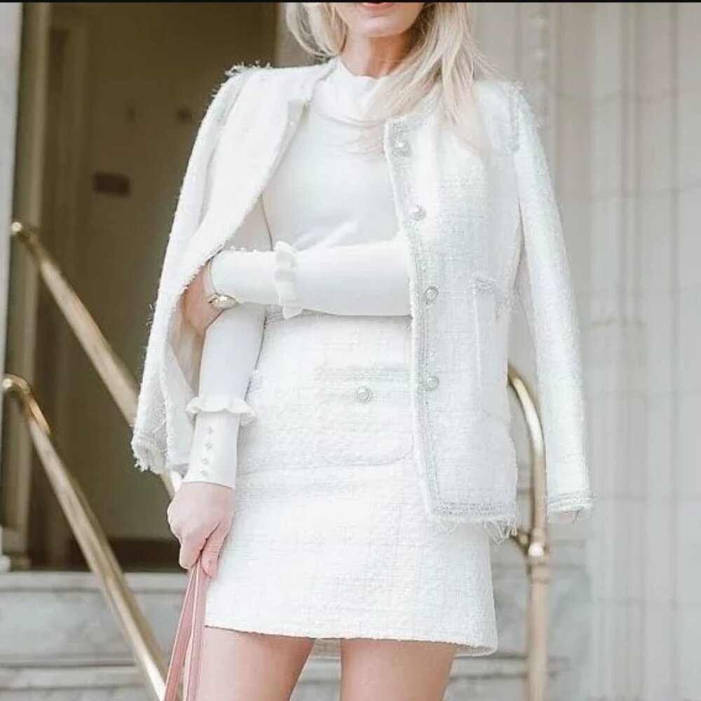 Zara Ivory Tweed Blazer Pearl Buttons and Silver Threads Edging, NWT, S